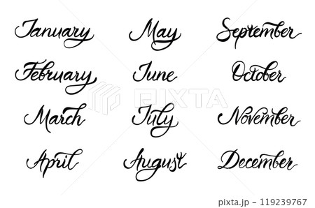 Hand Drawn Script Lettering 12 Months of Year, Vector Illustration Isolated on White 119239767