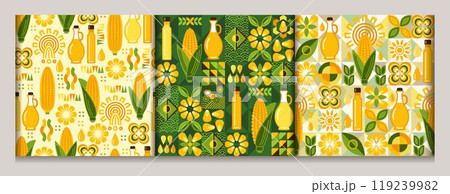 Seamless geometric patterns with icons of corn cob, maize grains, kernels, corn oil. For branding, decoration of food package, decorative print for kitchen. Seamless geometric patterns with icons of corn cob, maize grains, kernels, corn oil. For branding, decoration of food package, decorative print for kitchen. 119239982