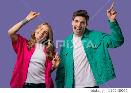 Positive American Couple Dancing. Violet Background.favorite Music, Dance, Party 119240062