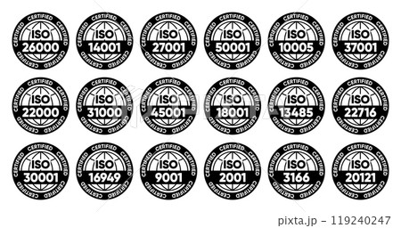 Iso certified standarts collection. International Organization for Standardization stamp. Vector illustration. 119240247