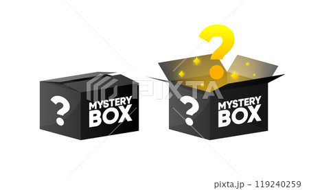 Mystery Giftbox. Open and Close a box with a red ribbon. Random secret loot box isometric concept. Vector illustration. 119240259