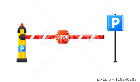 Open and Closed Car Barriers with stop and park signs. Automatic car barrier gate. Parking payment machine with barrier. Vector illustration. 119240285