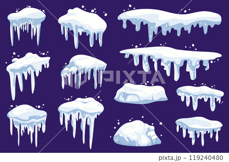Winter snowcap mega set elements in flat graphic design. Collection objects of snow caps with frozen icicles, white and blue snowy borders at house roof and seasonal decoration. Vector illustration. Winter snowcap mega set elements in flat graphic design. Collection objects of snow caps with frozen icicles, white and blue snowy borders at house roof and seasonal decoration. Vector illustration. 119240480