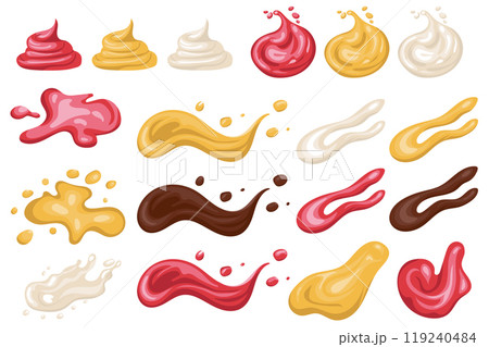 Sauces splash mega set elements in flat graphic design. Collection objects of ketchup, mustard and mayo liquid flowing and curve waving with drops and blobs, chocolate melting. Vector illustration. 119240484