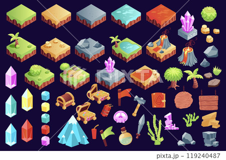 Isometric game landscape mega set elements in flat graphic design. Collection objects of building assets with grass, sand, sea platforms, flag, bottle, sword, book, other signs. Vector illustration. Isometric game landscape mega set elements in flat graphic design. Collection objects of building assets with grass, sand, sea platforms, flag, bottle, sword, book, other signs. Vector illustration. 119240487