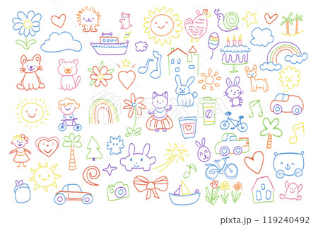 Cute hand drawn doodles mega set elements in flat graphic design. Collection objects of flowers, hearts, clouds, lion, ship, sun, snail, stars, palm, rainbow, cat, dog and other. Vector illustration. Cute hand drawn doodles mega set elements in flat graphic design. Collection objects of flowers, hearts, clouds, lion, ship, sun, snail, stars, palm, rainbow, cat, dog and other. Vector illustration. 119240492
