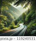 緑豊かな山間を走る曲がりくねった道路 119240531