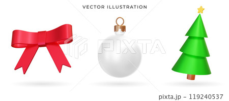 3d Red realistic bow, Christmas ball, evergreen pine tree. Vector illustration. Realistic christmas collection. Xmas decoration for New year celebration. 119240537