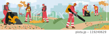 Group Of City Workers Cleaning Up Fallen Autumn Leaves In Public Park. Cartoon Characters Using Tools Like Leaf Blowers 119240629