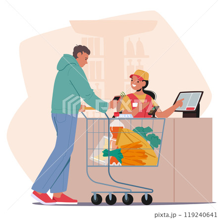 Cartoon Man With Shopping Cart Filled With Fresh Vegetables And Goods Makes Contactless Payment For Groceries 119240641