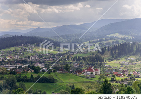 Scenic landscape view of Vorokhta, picturesque mountain village with green hills and forests 119240675