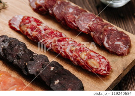 Close-up of sliced salami with nuts, gourmet meat textures and flavors, charcuterie boards Close-up of sliced salami with nuts, gourmet meat textures and flavors, charcuterie boards 119240684