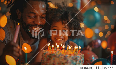 A family celebrating a birthday at home including cake and decorations 119240777