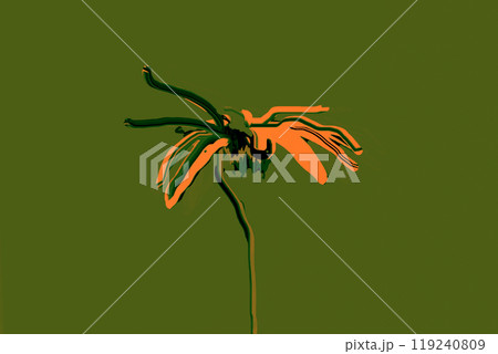 Single yellow flower bud on green background. Modern abstract floral artwork. Hand drawn minimalist painting. Nature sketching drawing or illustration 119240809