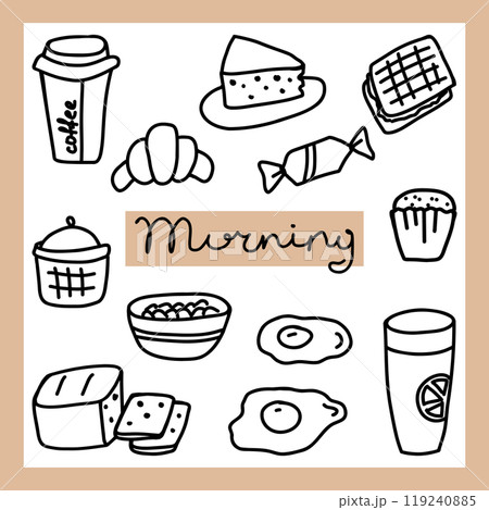 A charming collection of breakfast items, including coffee, croissants, cakes, and eggs, arranged artistically for a joyful morning vibe. Perfect for brunch lovers. A charming collection of breakfast items, including coffee, croissants, cakes, and eggs, arranged artistically for a joyful morning vibe. Perfect for brunch lovers. 119240885