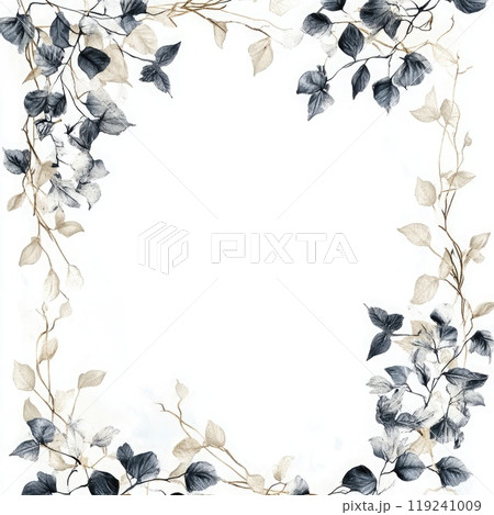 A beautifully crafted border of black and white leaves and vines enhances a blank space, ideal for invitations or creative projects, showcasing natural elegance. 119241009