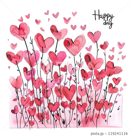 Heart-shaped flowers in shades of pink and red create a joyful atmosphere, symbolizing love and happiness in a whimsical garden setting. 119241116