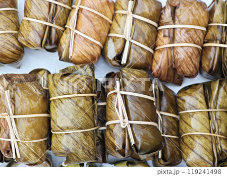 coconut sticky rice and banana wrapped 119241498