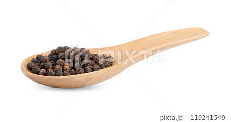 black pepper in spoon on white background 119241549