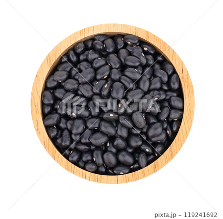 Organic black Beans in a wooden  Bowl, top view. 119241692
