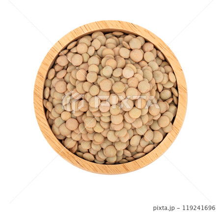 green lentil in wooden bowl isolated on white background. Top view green lentil in wooden bowl isolated on white background. Top view 119241696