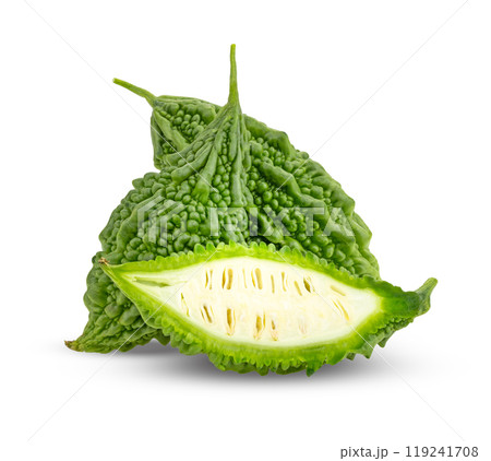 Fresh bitter gourd Bitter cucumber or bitter melon with cut slice isolated on white background. 119241708