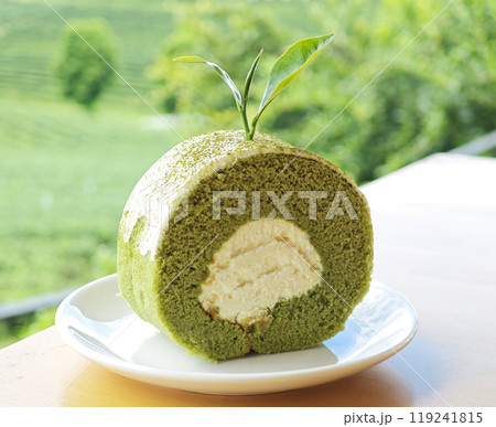 matcha roll cake and young green tea leaf matcha roll cake and young green tea leaf 119241815