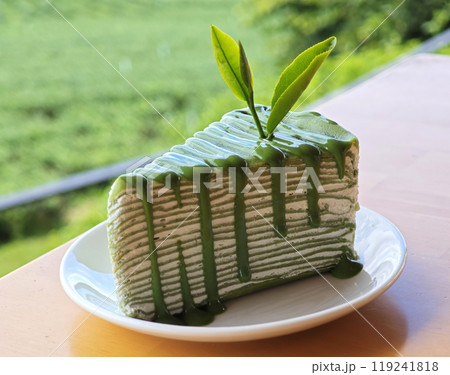 Matcha Mille Crepe Cake and green tea leaf 119241818