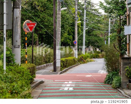 見通しの悪い交差点 一時停止の警告 【止まれ】の道路標識と路面標示 見通しの悪い交差点 一時停止の警告 【止まれ】の道路標識と路面標示 119241905