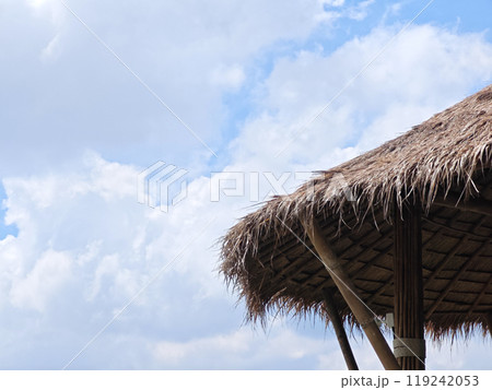 Close-up of a straw roof and clear sky. 119242053