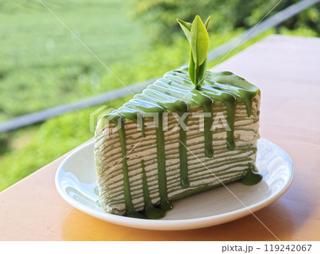 Matcha Mille Crepe Cake on plate Matcha Mille Crepe Cake on plate 119242067