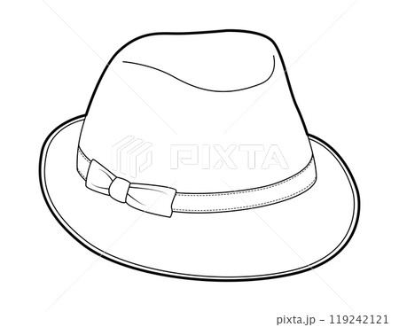 Fedora Hat with band and bow. Head Fashion accessory cap clothing technical illustration. Vector headgear for Men,  119242121