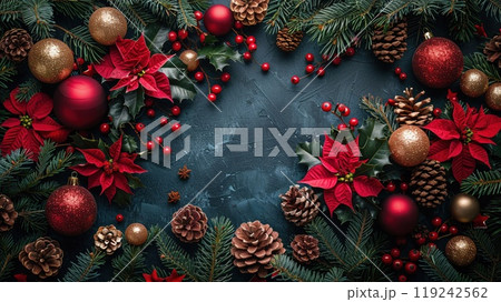 A holiday collage with Christmas photos ornaments 119242562