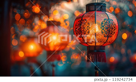 Close-up of red lanterns and New Year decorations Close-up of red lanterns and New Year decorations 119242734