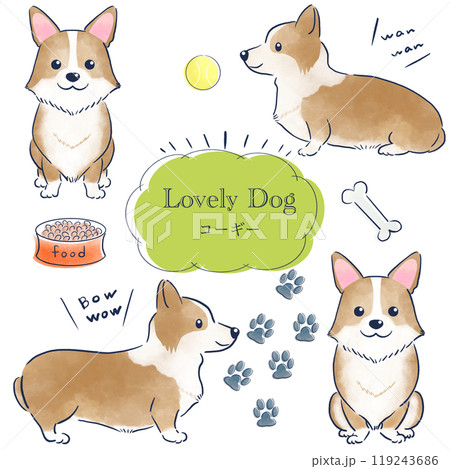 コーギーの水彩風の手描きイラストセット 119243686