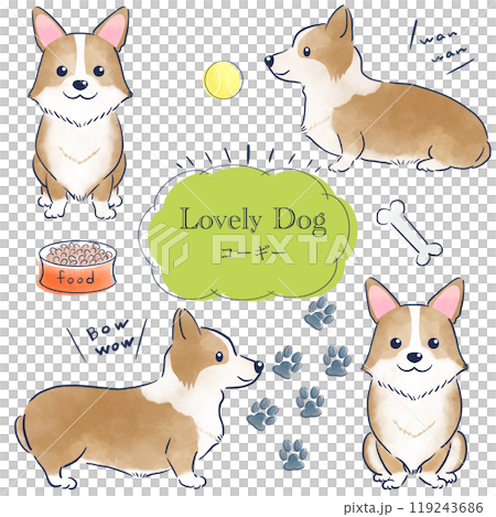 Corgi watercolor style hand drawn illustration set 119243686