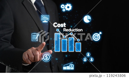 Cost reduction, cost saving concept shown by digital graphic EIDE overlays Cost reduction, cost saving concept shown by digital graphic EIDE overlays 119243806