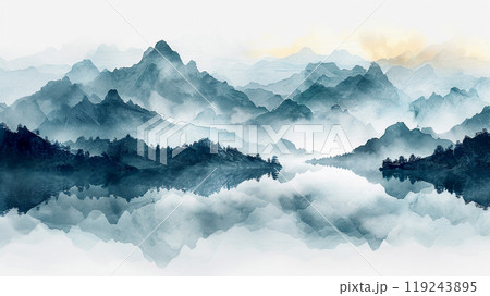 水墨画風の山々の風景イラスト 119243895