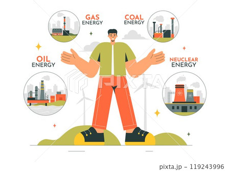 Nonrenewable Natural Energy Resources Vector Illustration Featuring Nuclear, Petroleum, Oil, Natural Gas, and Coal Fuels in a Flat Style Background 119243996
