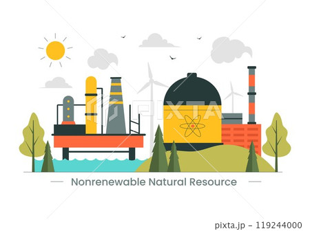 Nonrenewable Natural Energy Resources Vector Illustration Featuring Nuclear, Petroleum, Oil, Natural Gas, and Coal Fuels in a Flat Style Background 119244000