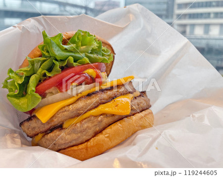 ダブルチーズバーガー チーズ2枚の贅沢なハンバーガー 119244605