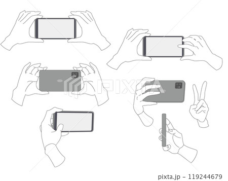 スマホのカメラを操作する手のイラスト素材モノクロタイプセット 119244679