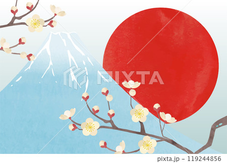 日の出を背景にした梅の花と富士山のイラスト 119244856