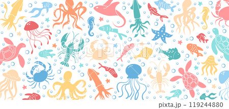 Background with underwater animals and plants like octopus, jellyfish, and sea turtle in marine life scene. Vibrant colors graphic design with sea creatures and aquatic reef in ocean water. 119244880