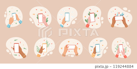 Cartoon hands hold smartphones in various styles with social media and chat applications. Blank mobile screens set show diverse digital communication concept in a colorful flat design, social template Cartoon hands hold smartphones in various styles with social media and chat applications. Blank mobile screens set show diverse digital communication concept in a colorful flat design, social template 119244884