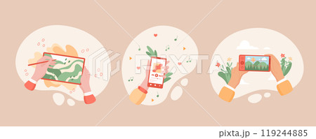 Hands hold mobile phones displaying app screens in a digital media cartoon graphic style. Smartphone set with flat design showcasing various applications. Ideal for illustrating online media. Hands hold mobile phones displaying app screens in a digital media cartoon graphic style. Smartphone set with flat design showcasing various applications. Ideal for illustrating online media. 119244885