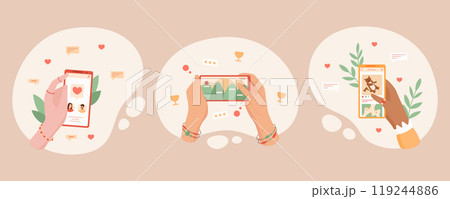Set of hands holding smartphone using app for chat and media. Engaging in online play and communication. Concept of digital technology, social interaction, and mobile design set. Set of hands holding smartphone using app for chat and media. Engaging in online play and communication. Concept of digital technology, social interaction, and mobile design set. 119244886