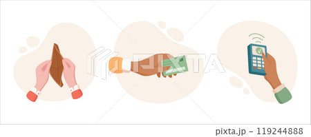 Hand holds card and phone for digital pay and transfer, representing wallet exchange in flat icon set. Concept of modern finance economy, ideal for business visuals. 119244888