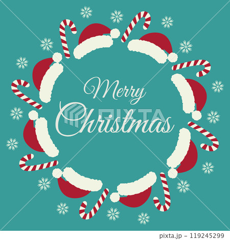 Merry Christmas Hand drawn lettering in round frame of Santa caps, snowflakes and striped Candy Cane Merry Christmas Hand drawn lettering in round frame of Santa caps, snowflakes and striped Candy Cane 119245299