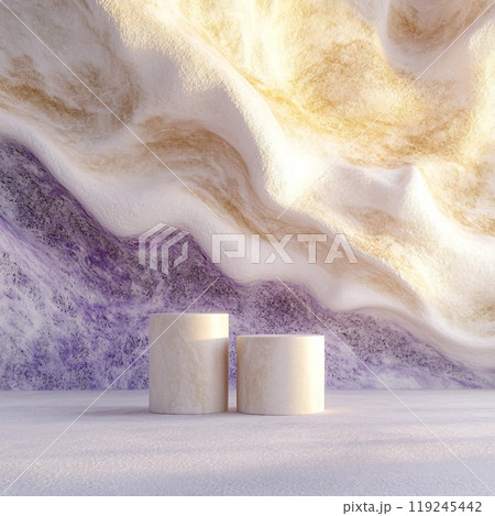白・金色・紫の岩の質感のマーブル背景と二つの丸い展示台がある抽象正方形バナー。AI生成画像 白・金色・紫の岩の質感のマーブル背景と二つの丸い展示台がある抽象正方形バナー。AI生成画像 119245442